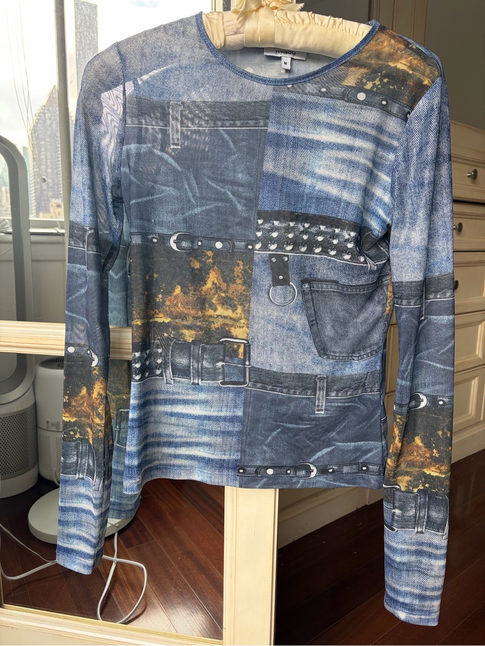 Miaou Long-Sleeve Mesh Denim Print Top